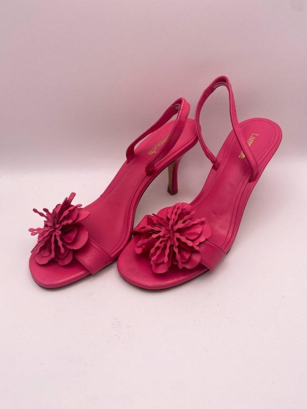 Larroudé Hibiscus Flower Slingback Pink Magenta Leather Slingback Heel Sandal 7